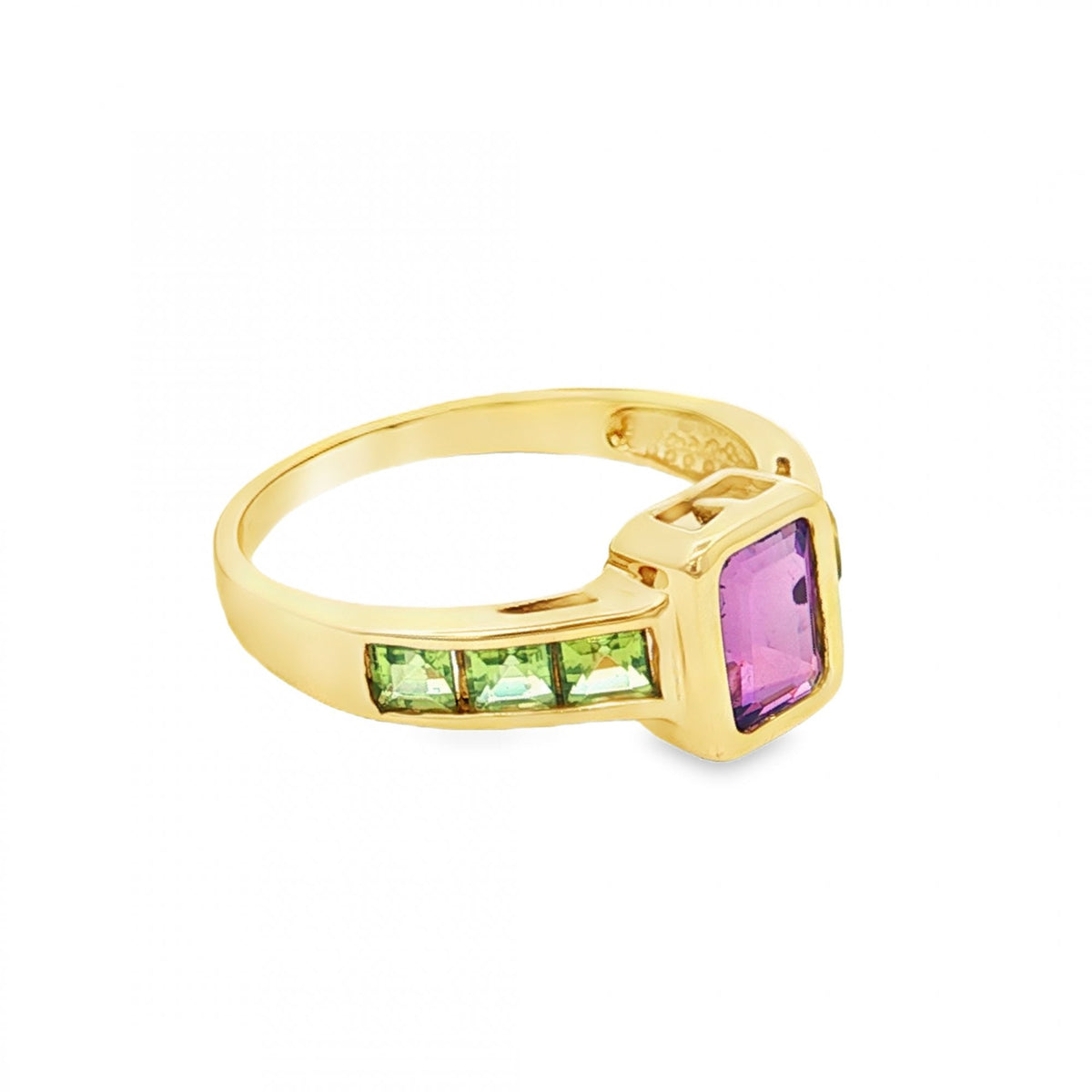 9ct Yellow Gold Amethyst & Peridot Ring - Size Q - 2.6g