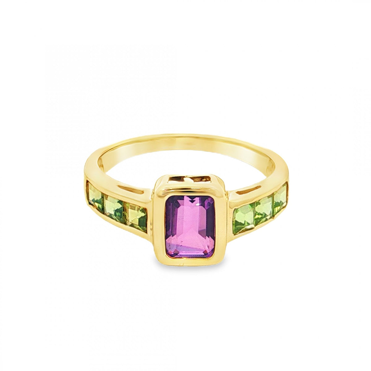 9ct Yellow Gold Amethyst & Peridot Ring - Size Q - 2.6g
