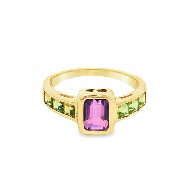 9ct Yellow Gold Amethyst & Peridot Ring - Size Q - 2.6g
