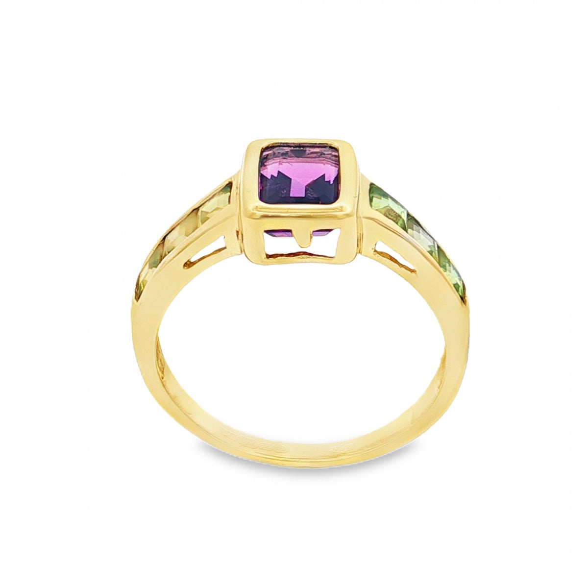 9ct Yellow Gold Amethyst & Peridot Ring - Size Q - 2.6g