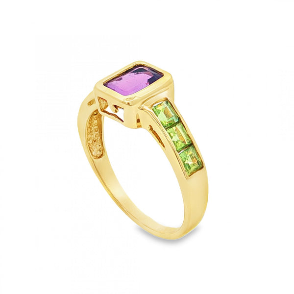 9ct Yellow Gold Amethyst & Peridot Ring - Size Q - 2.6g