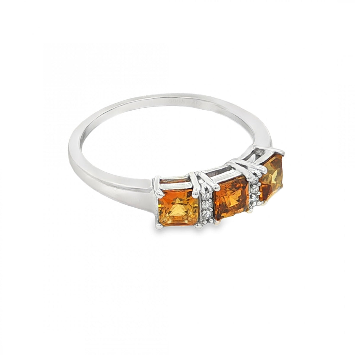 9ct White Gold Citrine & Diamond Trilogy Ring - Size S - 2.4g