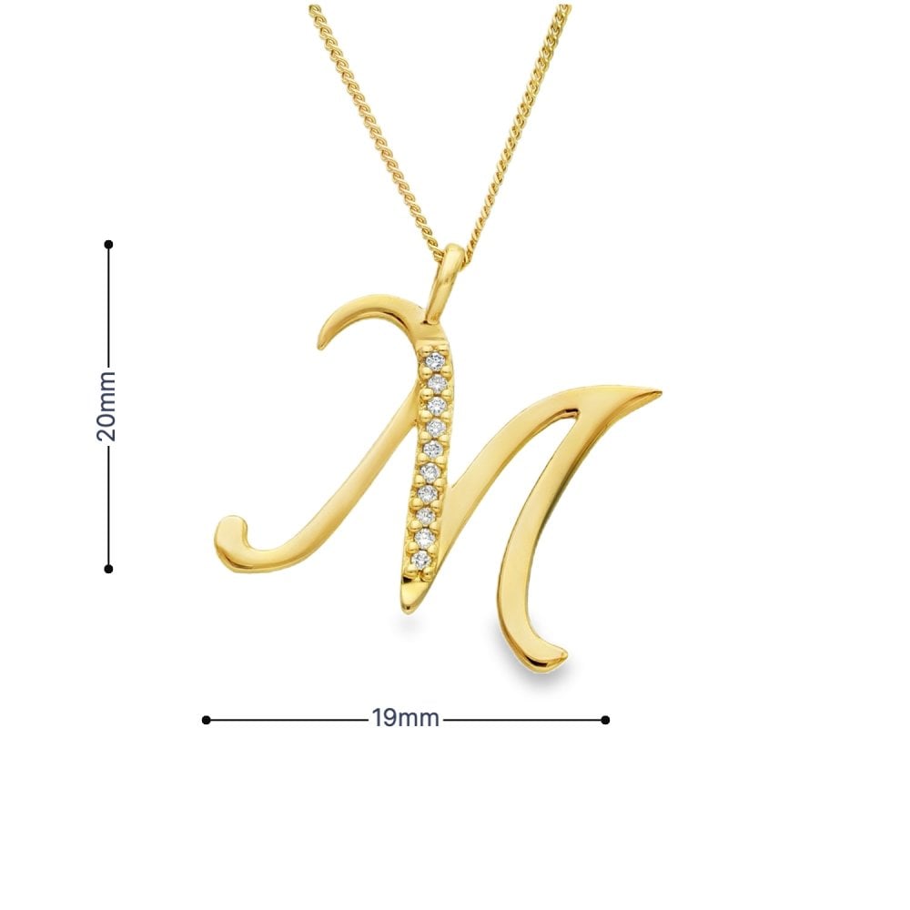 9ct Yellow Gold Diamond Initial ‘M’ Pendant & Necklace - 0.05ct