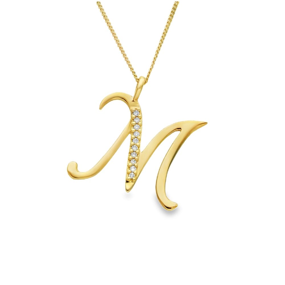 9ct Yellow Gold Diamond Initial ‘M’ Pendant & Necklace - 0.05ct