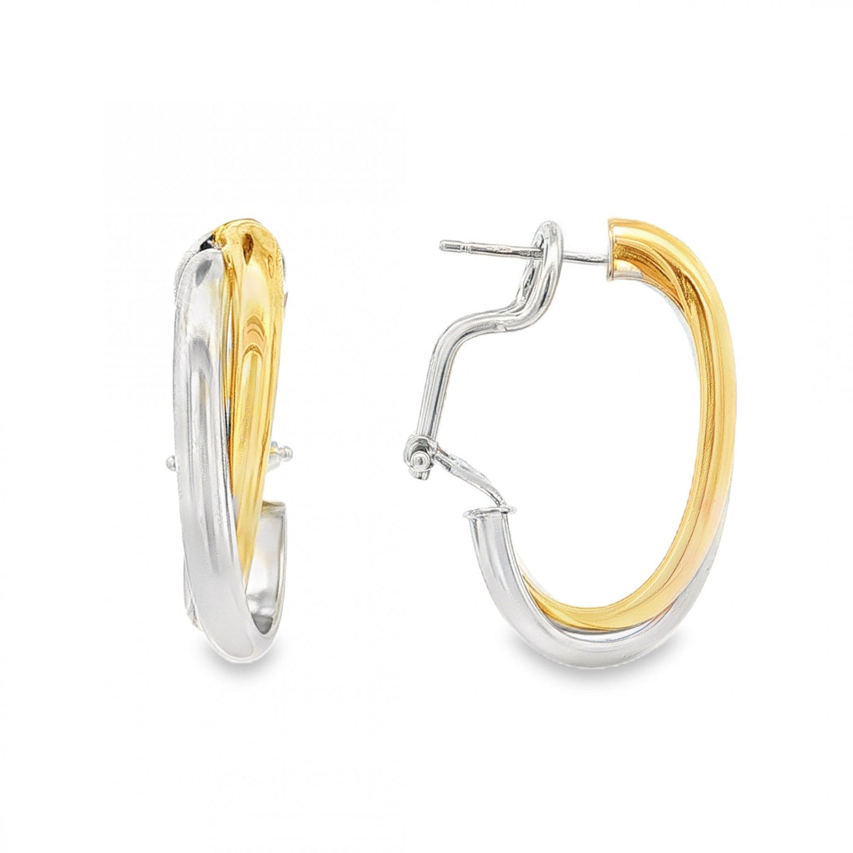 18ct Yellow & White Gold Double Crossover Hoop Earrings - 7x29mm