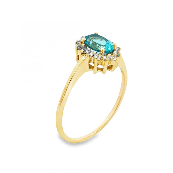 9ct Yellow Gold Blue Topaz & CZ Cluster Ring - Size R½ - 2.2g