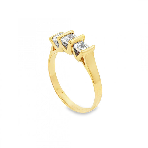 9ct Yellow Gold Princess CZ Trilogy Ring - Size K½ - 2.2g