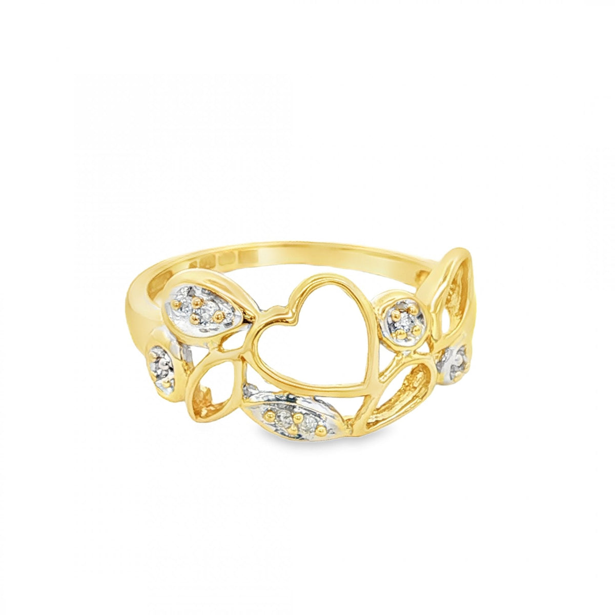 9ct Yellow Gold Diamond Heart Filigree Ring - Size O½ - 2.3g
