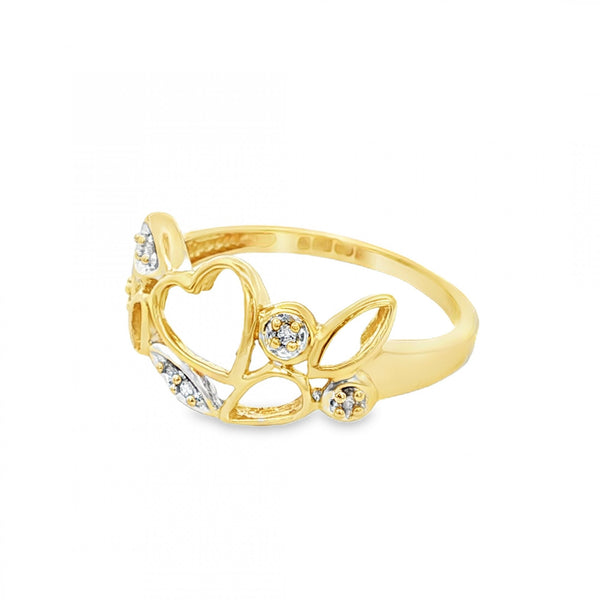 9ct Yellow Gold Diamond Heart Filigree Ring - Size O½ - 2.3g