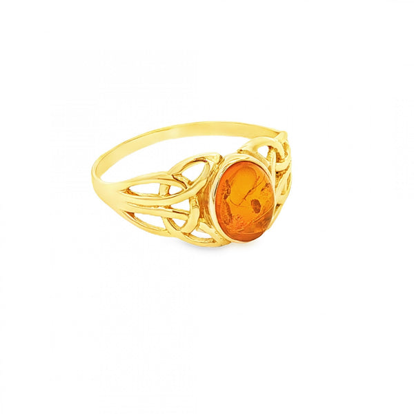 9ct Yellow Gold Amber Celtic Ring - Size Q - 1.9g