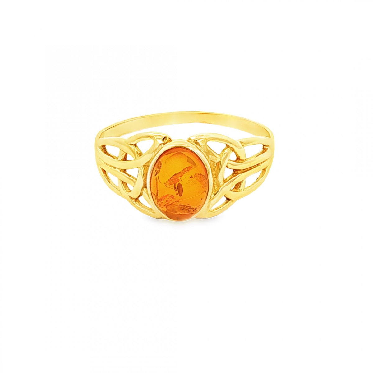 9ct Yellow Gold Amber Celtic Ring - Size Q - 1.9g