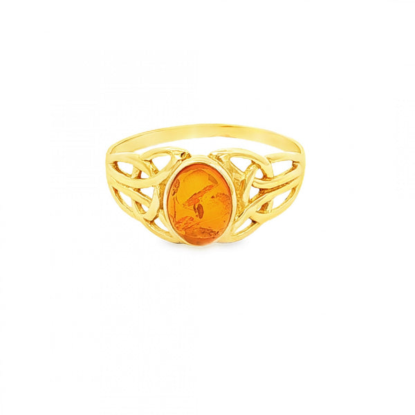 9ct Yellow Gold Amber Celtic Ring - Size Q - 1.9g