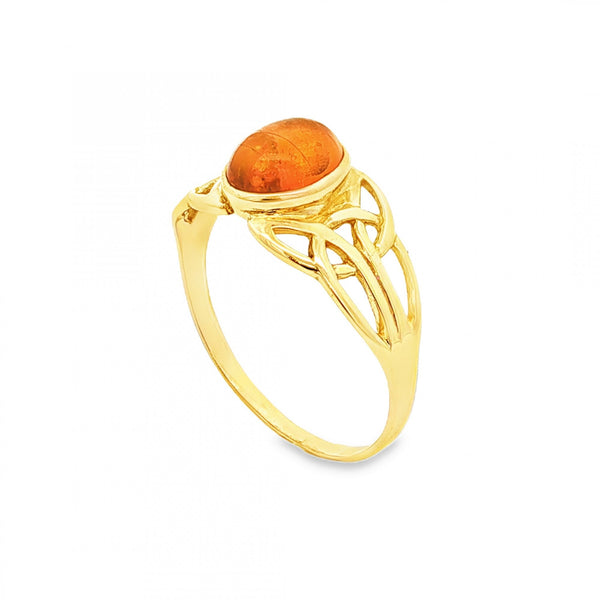 9ct Yellow Gold Amber Celtic Ring - Size Q - 1.9g