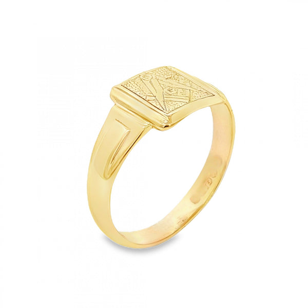 9ct Yellow Gold Masonic Square Signet Ring - Size S½ - 11mm