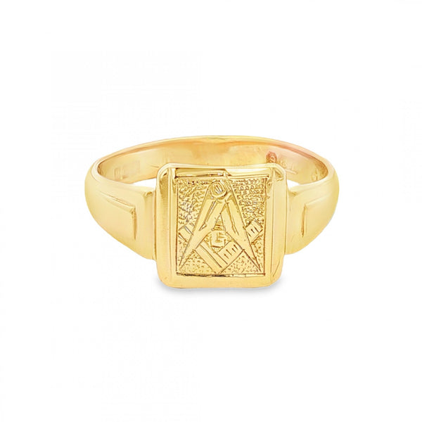 9ct Yellow Gold Masonic Square Signet Ring - Size S½ - 11mm