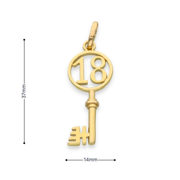 9ct Yellow Gold 18 Key Pendant - 14x37x4.5mm - 3.3g