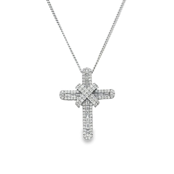 18ct White Gold Diamond Cross Pendant & Necklace - 16" - 1.09ct