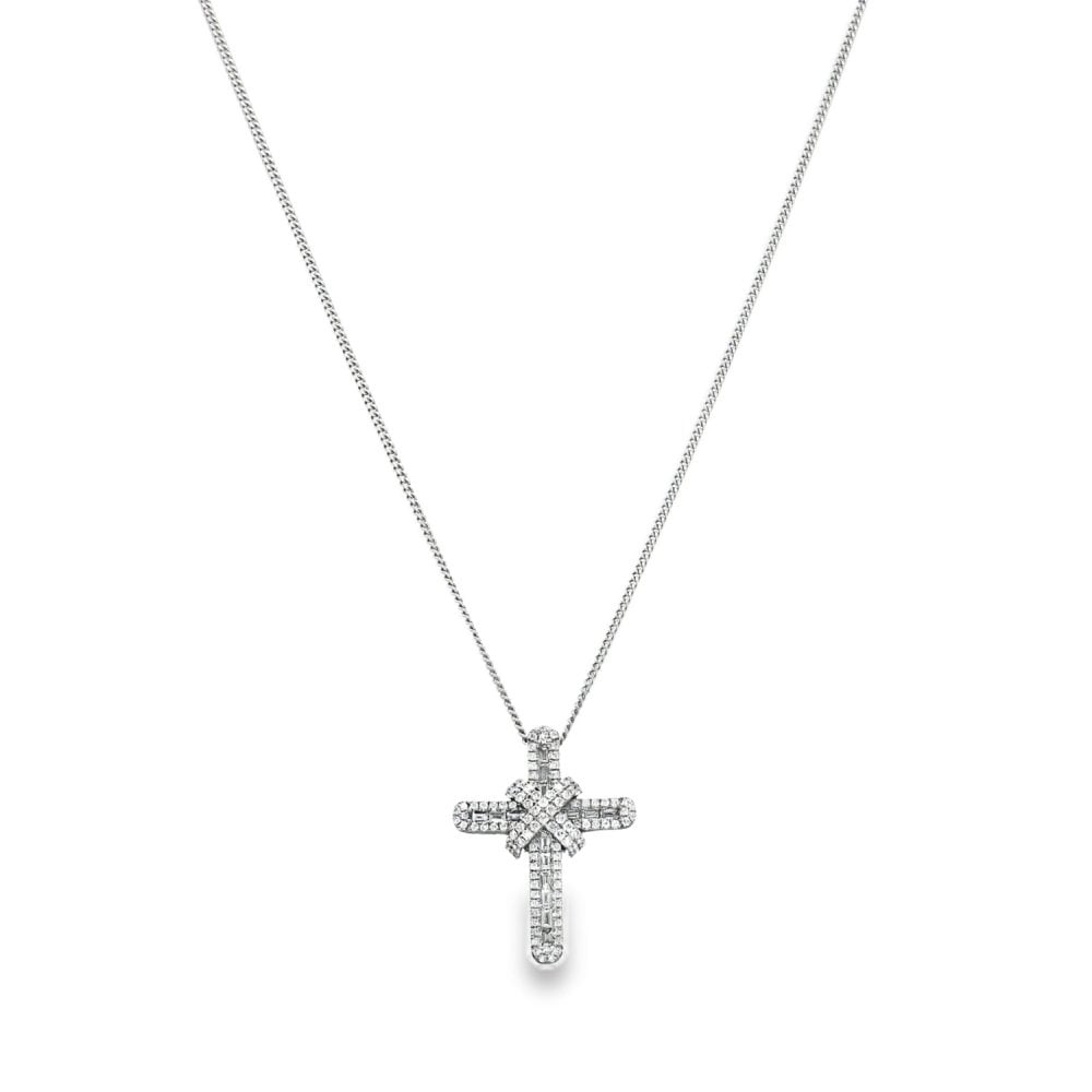 18ct White Gold Diamond Cross Pendant & Necklace - 16" - 1.09ct