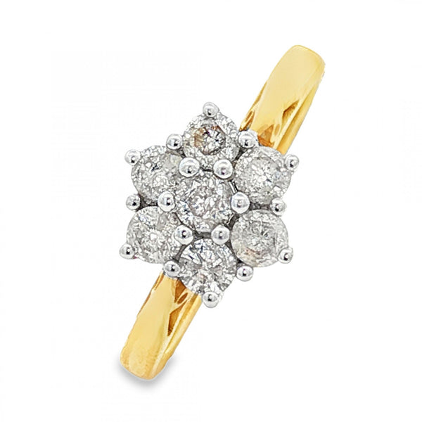 18ct Yellow Gold Diamond Cluster Ring - Size N½ - 0.75ct