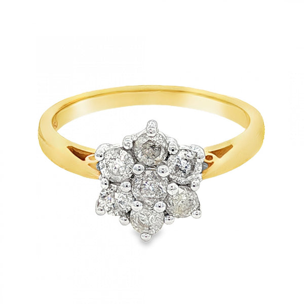 18ct Yellow Gold Diamond Cluster Ring - Size N½ - 0.75ct