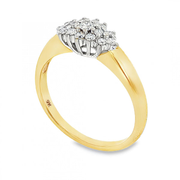 9ct Yellow Gold Diamond Cluster Ring - Size Q - 0.35ct