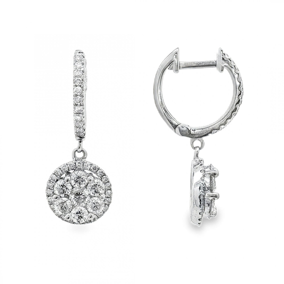 18ct White Gold Diamond Cluster Drop Earrings -9x24x12mm -1.33ct