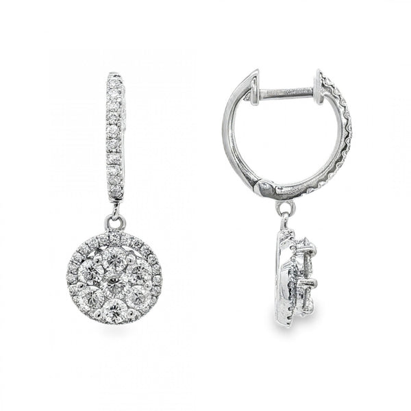 18ct White Gold Diamond Cluster Drop Earrings -9x24x12mm -1.33ct