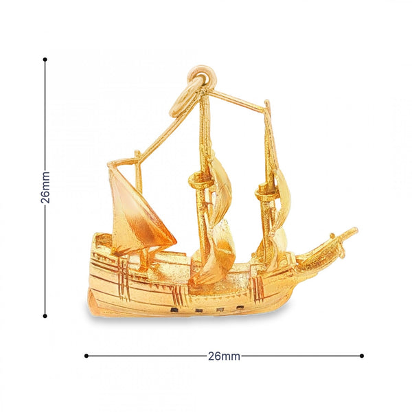 9ct Yellow Gold Galleon Charm - 26x26x12mm - 5.3g