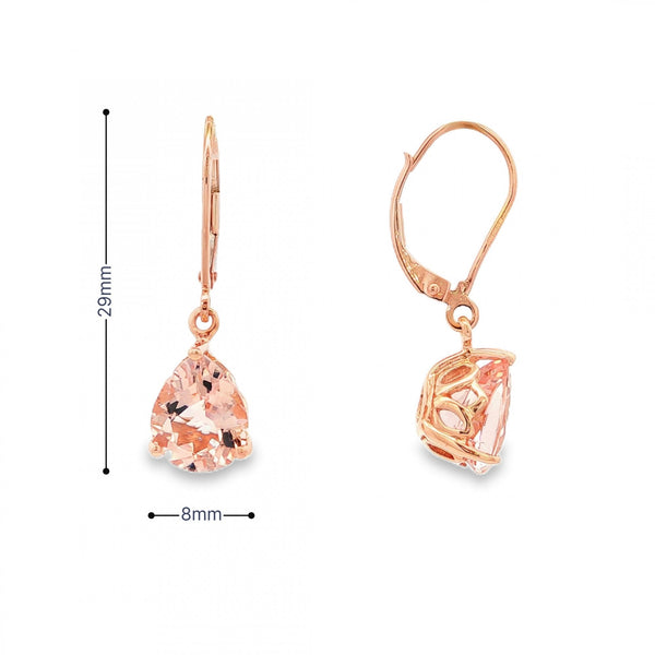 9ct Rose Gold Pink Topaz Drop Earrings - 8x29x15mm - 3.2g