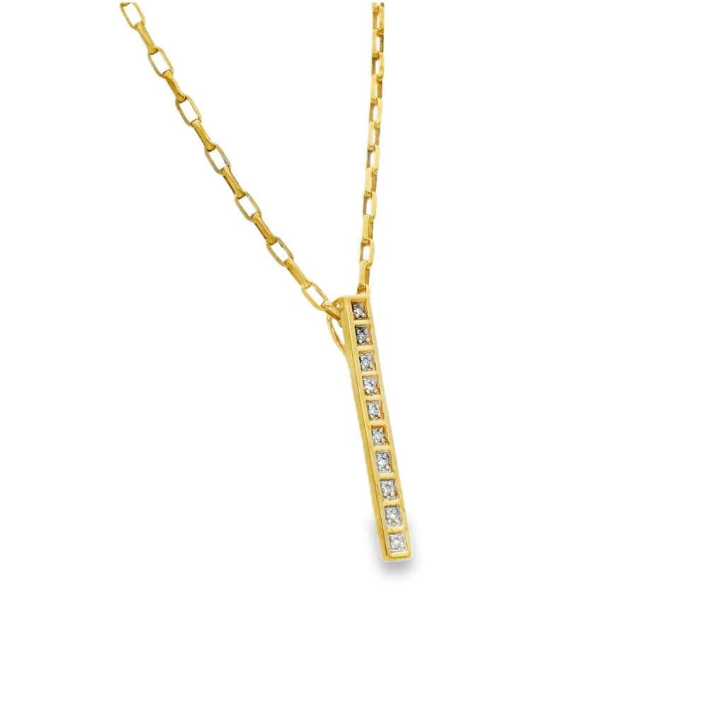 9ct Yellow Gold Diamond Bar Pendant & Necklace - 19" - 0.05ct