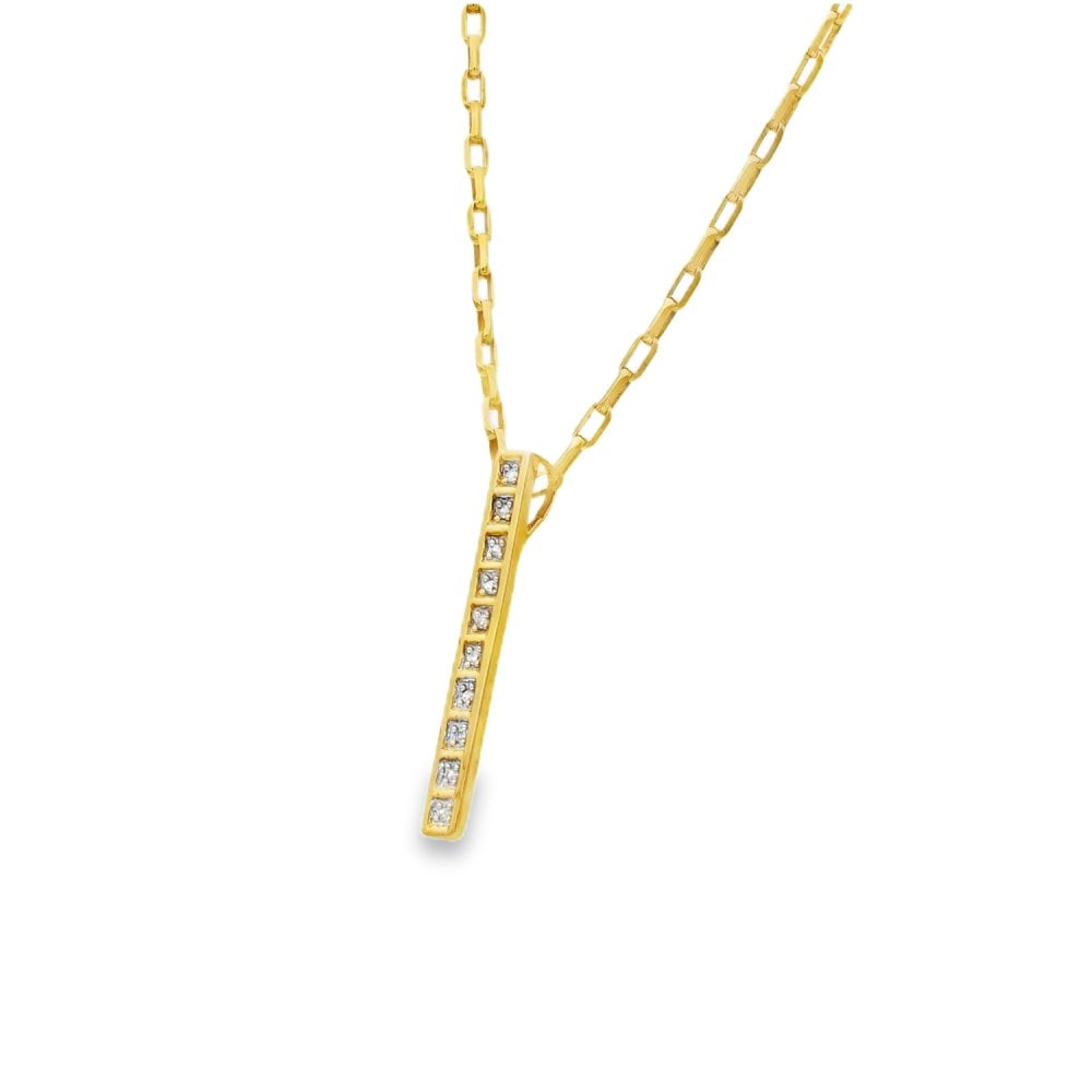 9ct Yellow Gold Diamond Bar Pendant & Necklace - 19" - 0.05ct