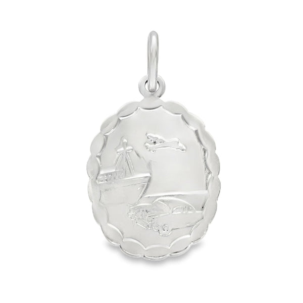 925 Sterling Silver Oval Scallop-Edge St. Christopher Pendant