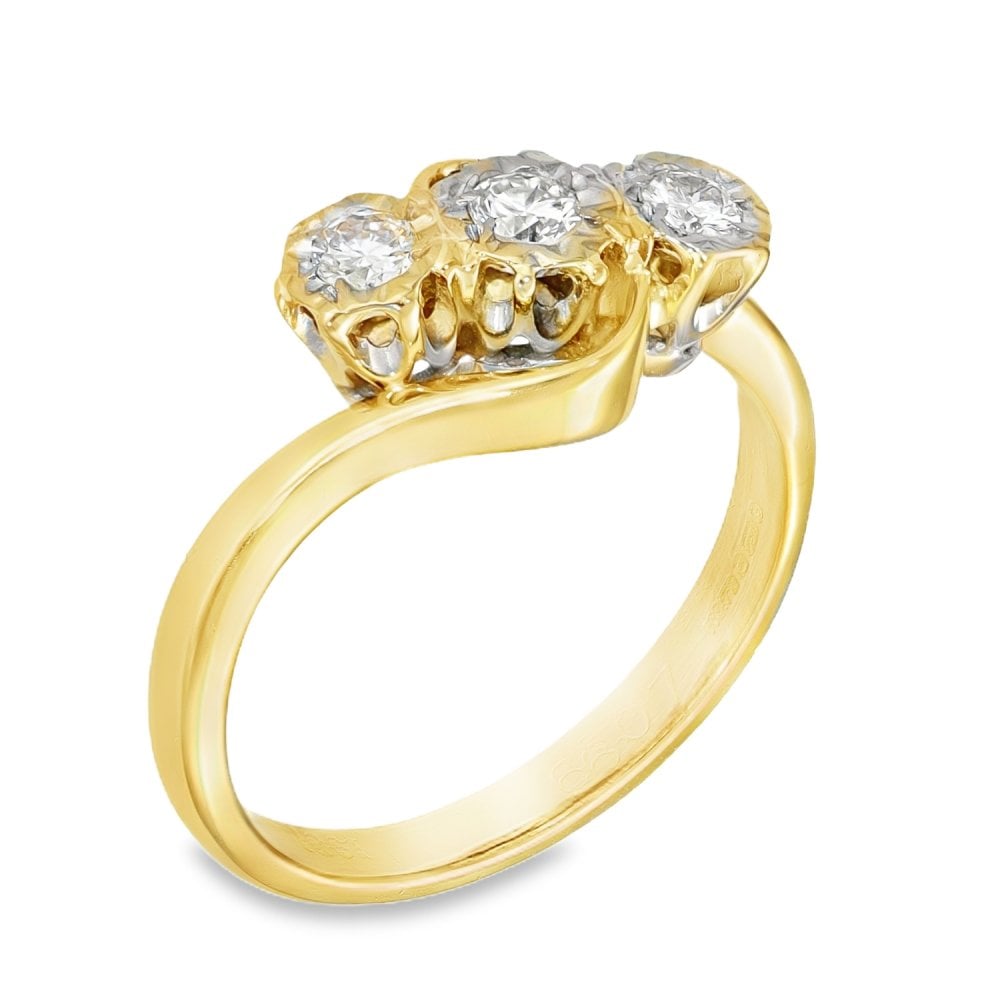 18ct Yellow Gold Diamond Twist Trilogy Ring - Size K½ - 0.24ct