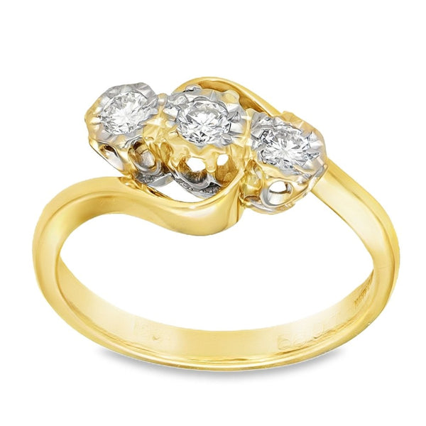 18ct Yellow Gold Diamond Twist Trilogy Ring - Size K½ - 0.24ct