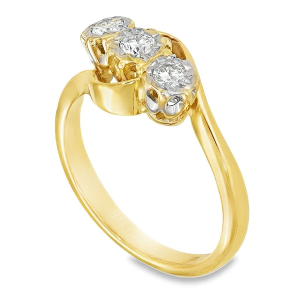 18ct Yellow Gold Diamond Twist Trilogy Ring - Size K½ - 0.24ct