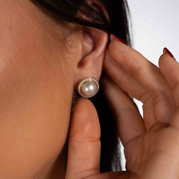 9ct Yellow Gold Pearl & Diamond Halo Stud Earrings - 0.37ct