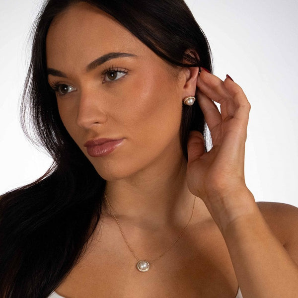 9ct Yellow Gold Pearl & Diamond Halo Stud Earrings - 0.37ct