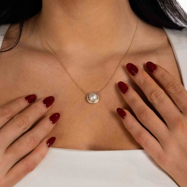 9ct Yellow Gold Pearl & Diamond Halo Pendant & Necklace - 0.20ct