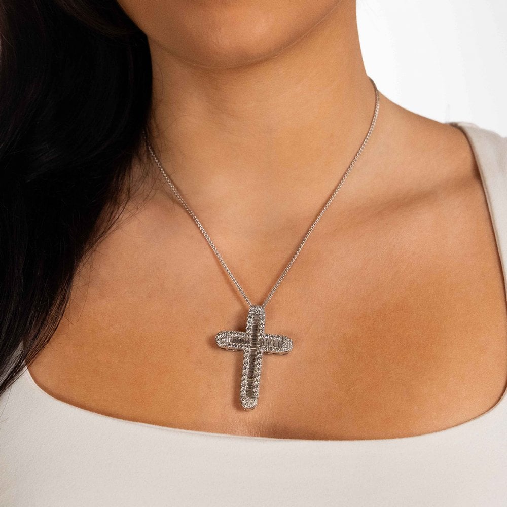 9ct White Gold Large Diamond Cross Pendant & Necklace - 5.37ct