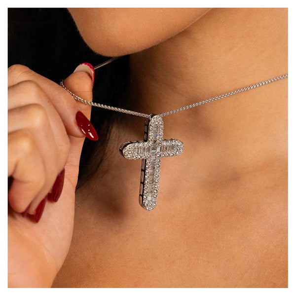 9ct White Gold Large Diamond Cross Pendant & Necklace - 5.37ct