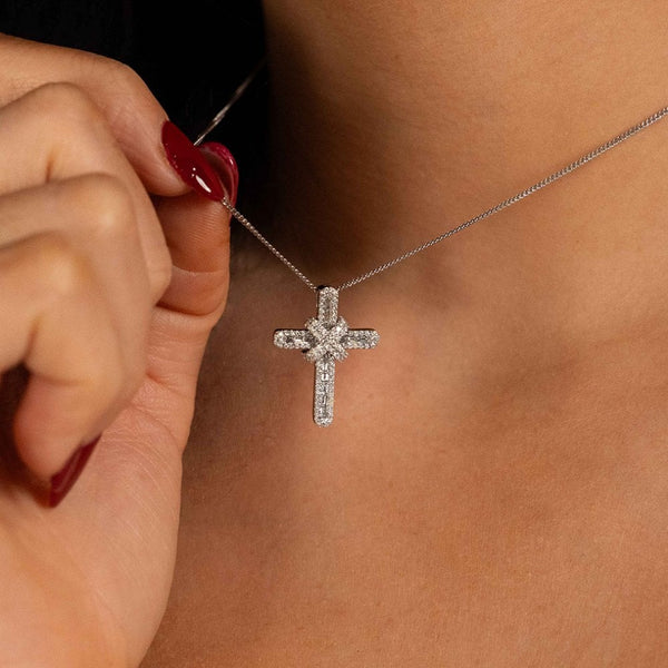 18ct White Gold Diamond Cross Pendant & Necklace - 16" - 1.09ct