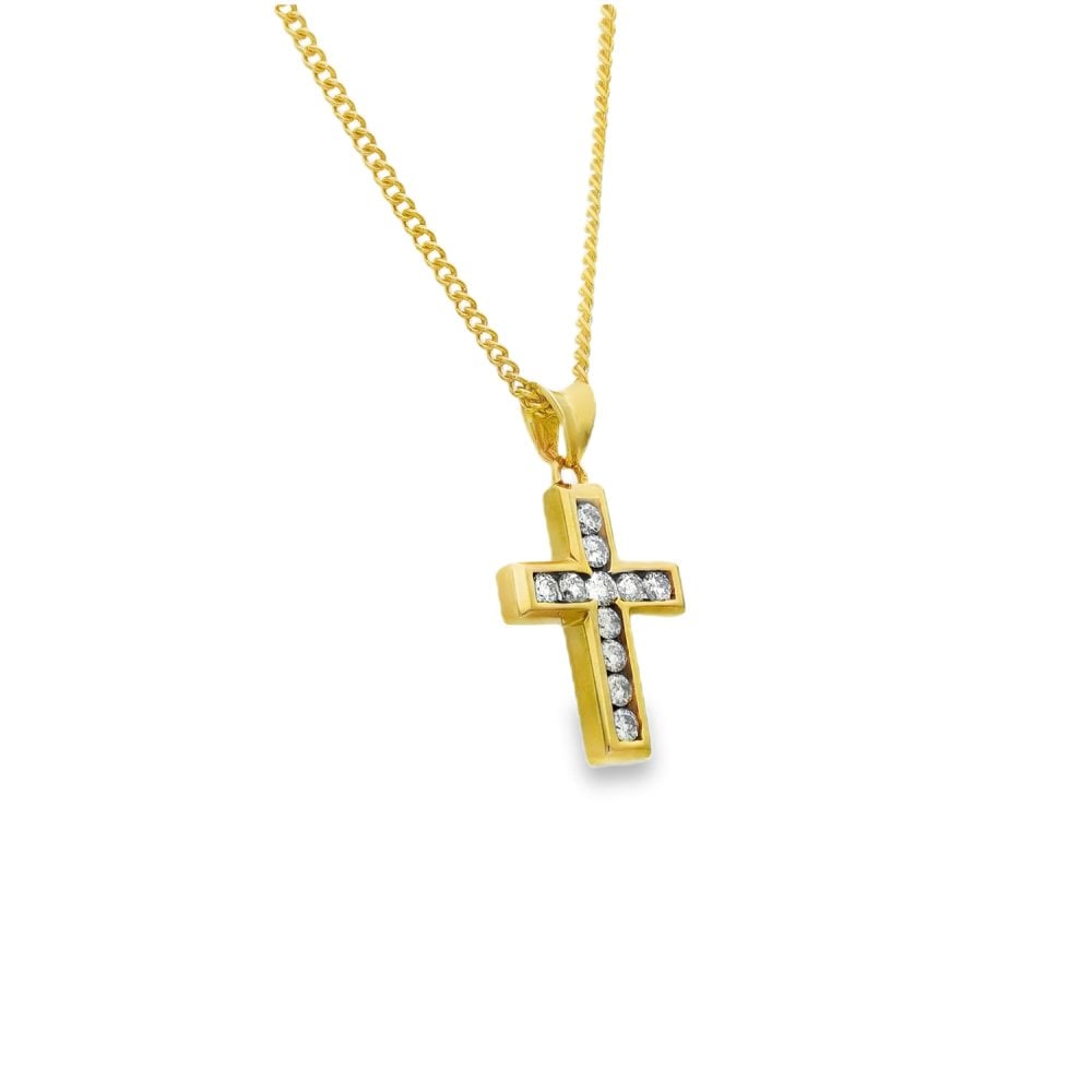 9ct Yellow Gold Diamond Cross Pendant & Necklace - 16" - 0.55ct