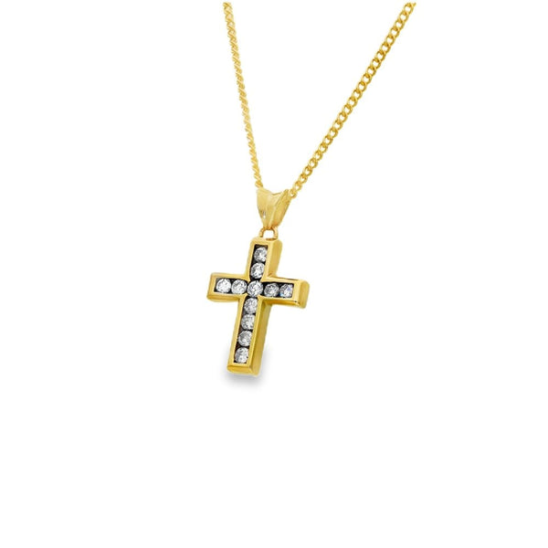 9ct Yellow Gold Diamond Cross Pendant & Necklace - 16" - 0.55ct