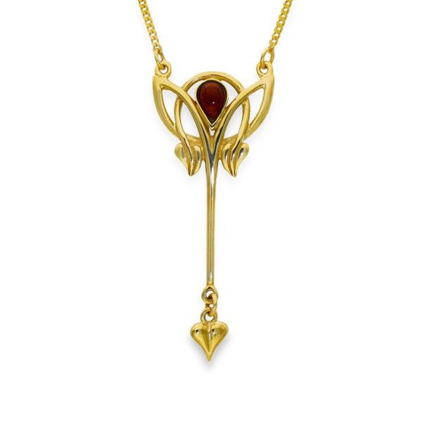 9ct Yellow Gold Art Nouveau Garnet Pendant & Necklace -17" -6.5g
