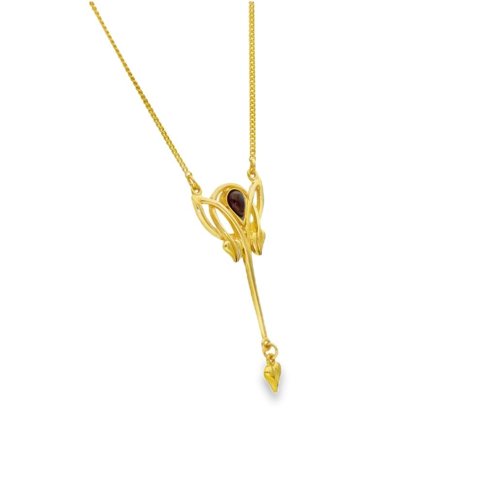 9ct Yellow Gold Art Nouveau Garnet Pendant & Necklace -17" -6.5g