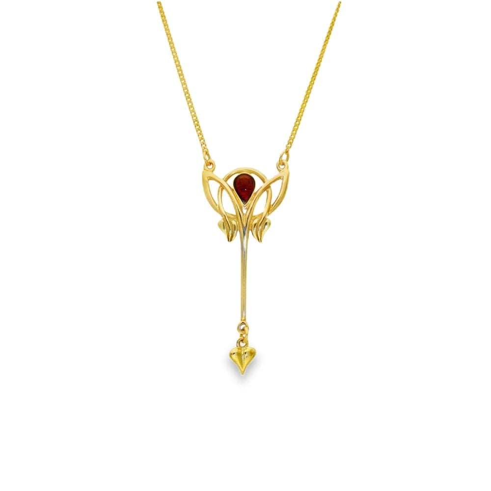 9ct Yellow Gold Art Nouveau Garnet Pendant & Necklace -17" -6.5g