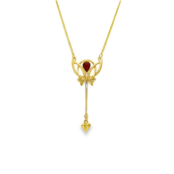 9ct Yellow Gold Art Nouveau Garnet Pendant & Necklace -17" -6.5g