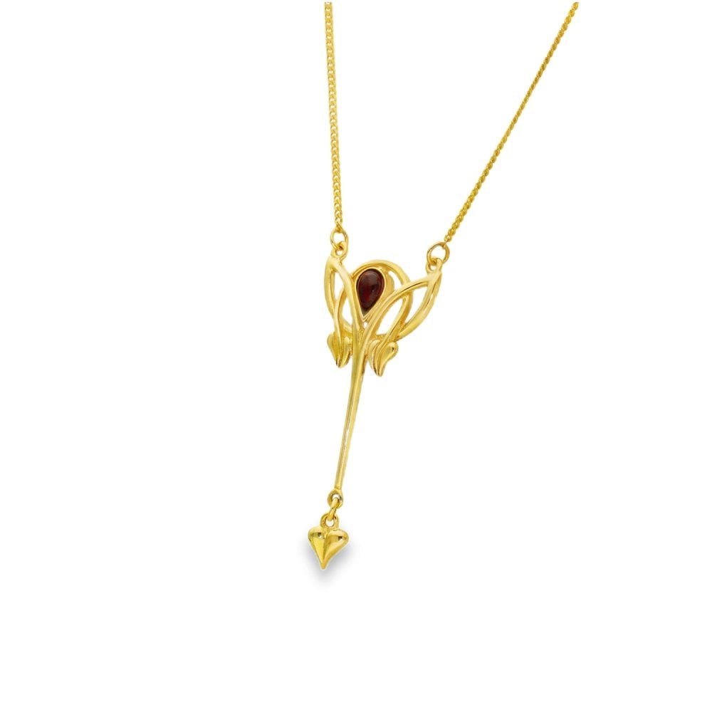 9ct Yellow Gold Art Nouveau Garnet Pendant & Necklace -17" -6.5g
