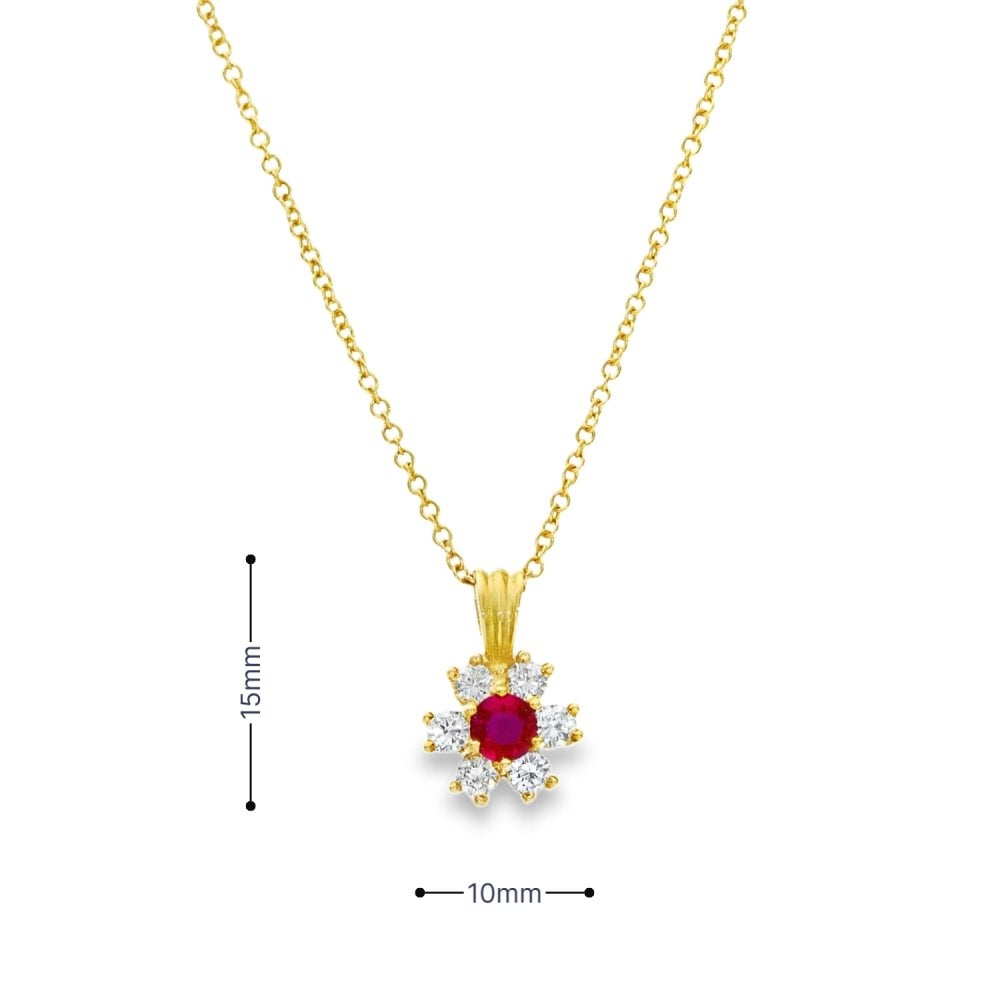 18ct Yellow Gold Ruby & Diamond Cluster Pendant & Necklace - 18"