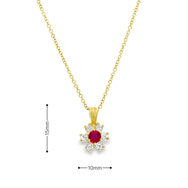 18ct Yellow Gold Ruby & Diamond Cluster Pendant & Necklace - 18"